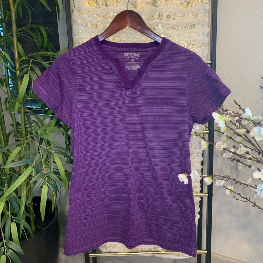 Purple & White V-Neck Stripe Short Sleeve Shirt